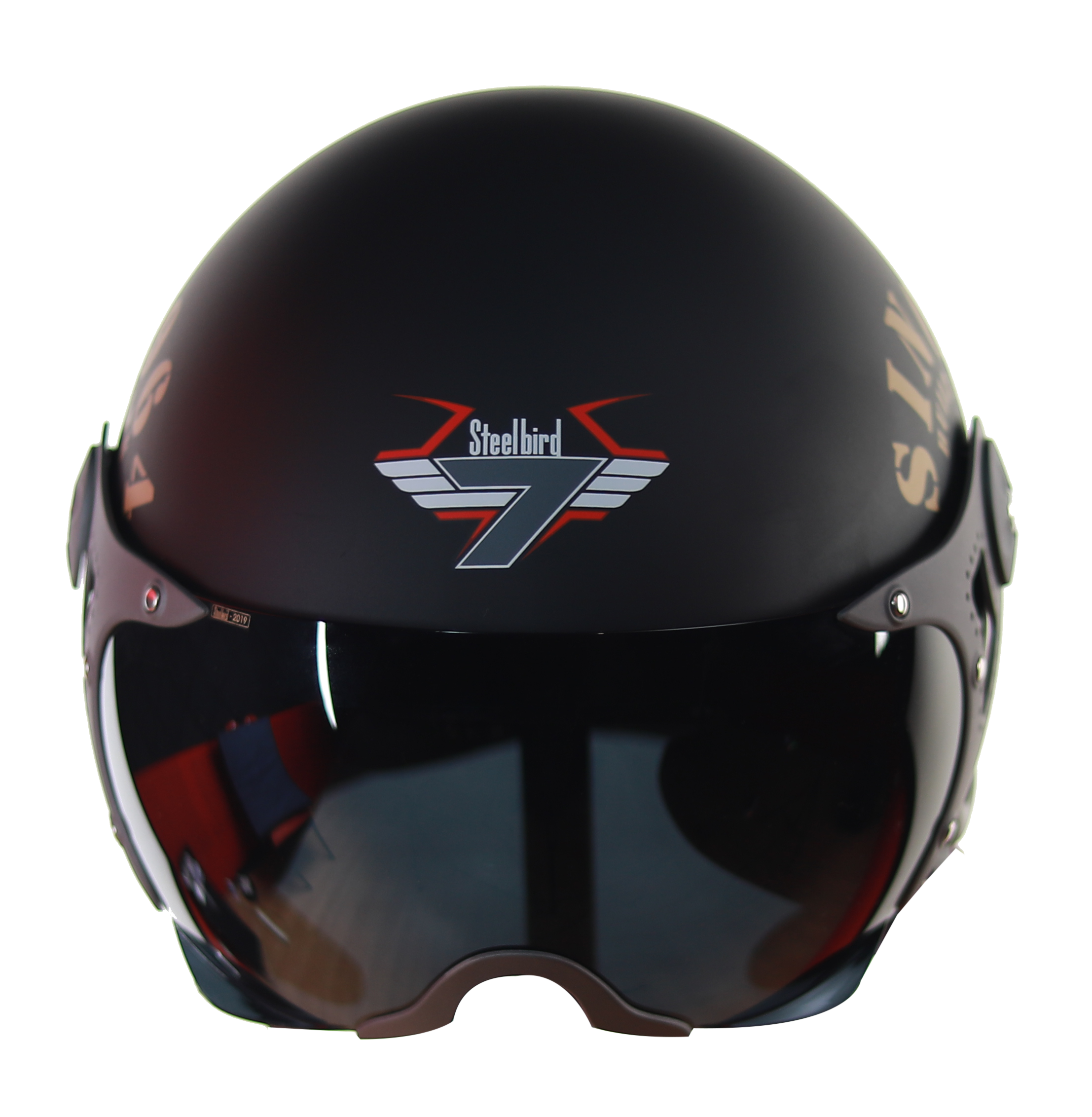 Steelbird SB-27 7Wings Tank Open Face Graphic Helmet (Matt Black Gold With Chrome Rainbow Visor)
